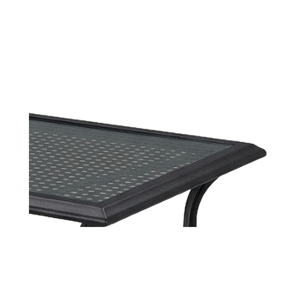 Close-up of the tempered glass tabletop corner and frame trim