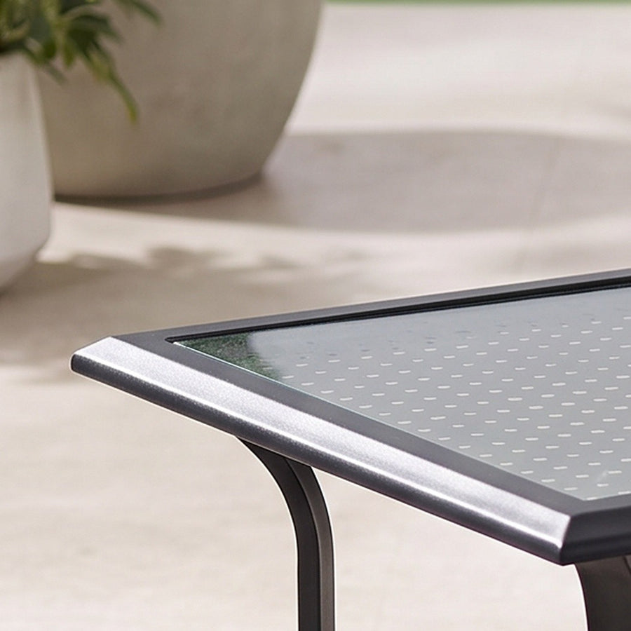 Black Metal Outdoor Coffee Table, Tempered Glass Top