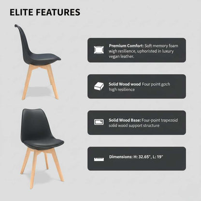 Set of four black polymer shell dining chairs with natural wood legs, feature view.