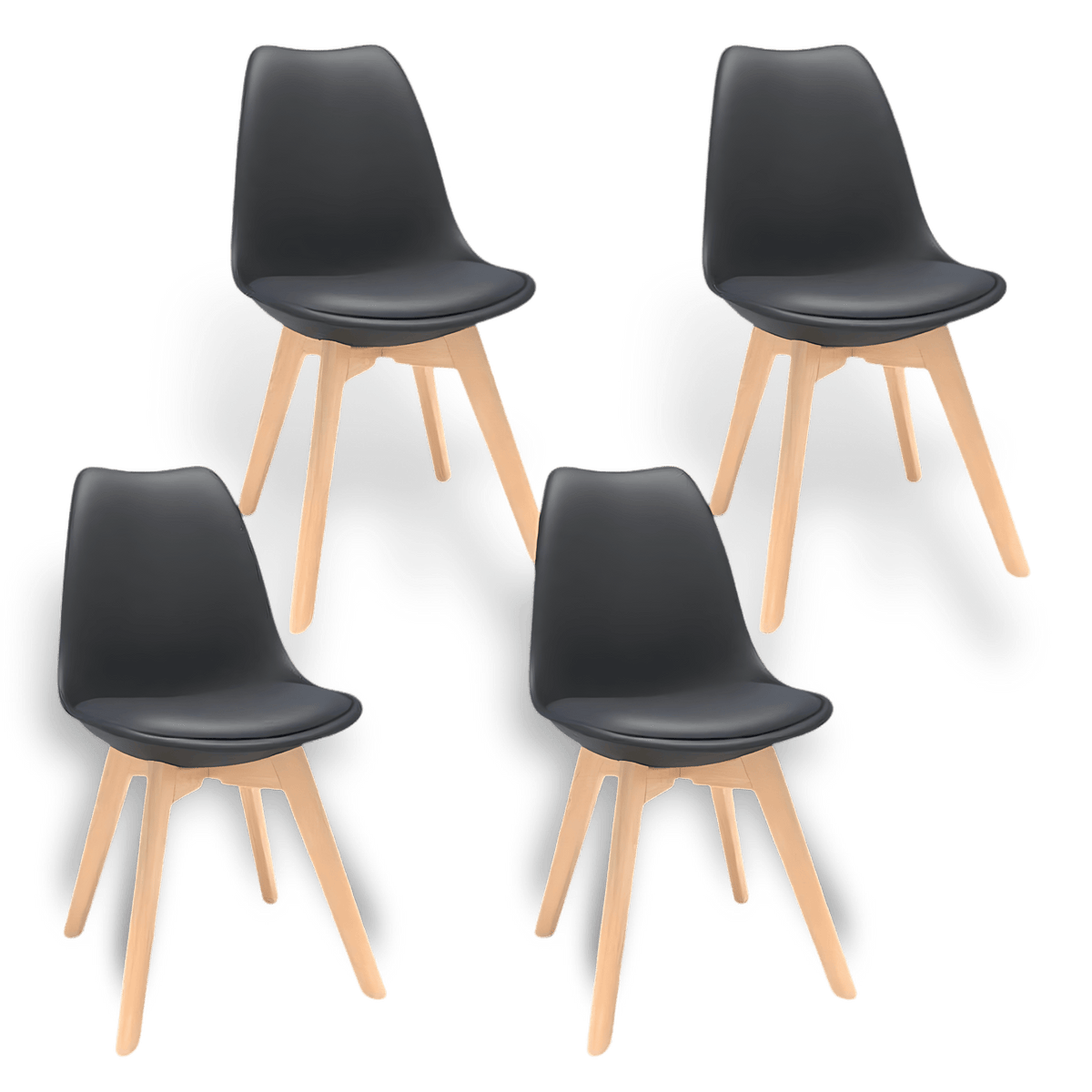Four mid-century modern black plastic shell dining chairs with natural wood legs.