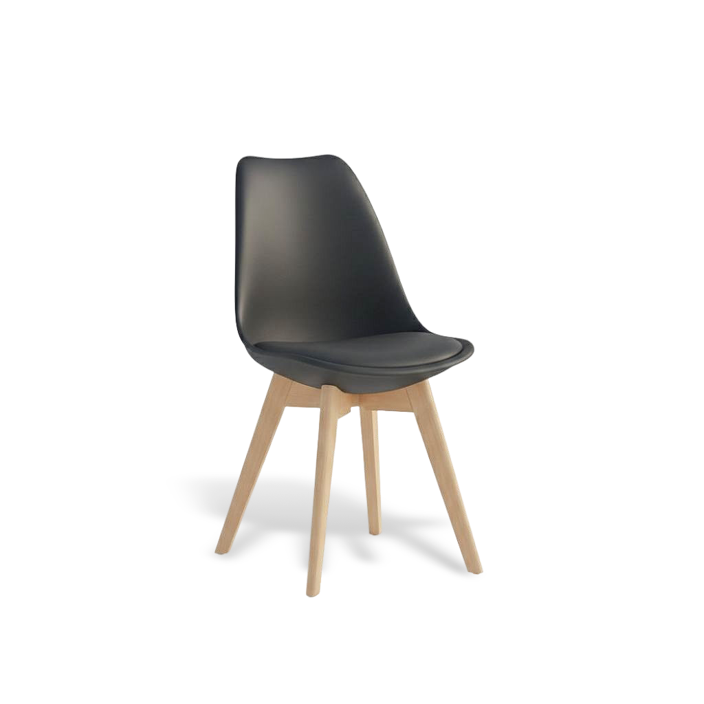 Chair with black plastic seat and wooden legs on a white background