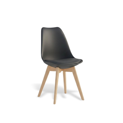 Chair with black plastic seat and wooden legs on a white background