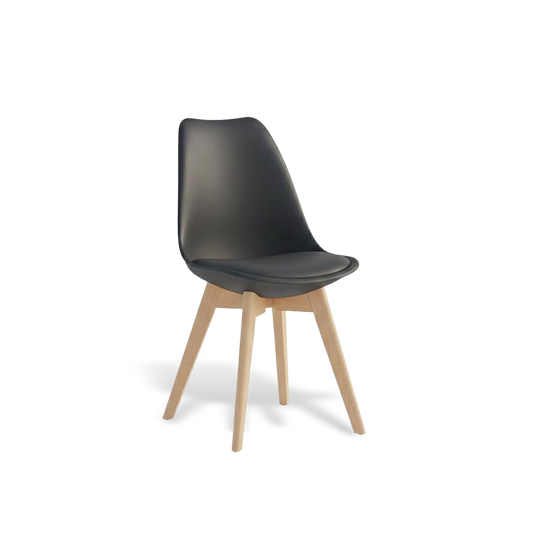 Chair with black plastic seat and wooden legs on a white background