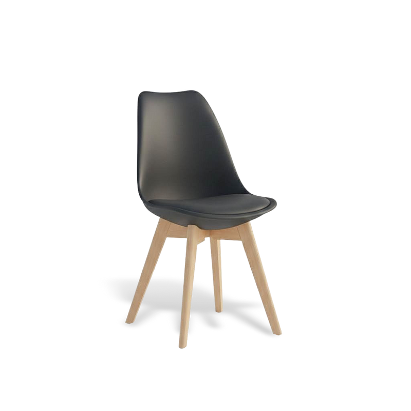 Chair with black plastic seat and wooden legs on a white background