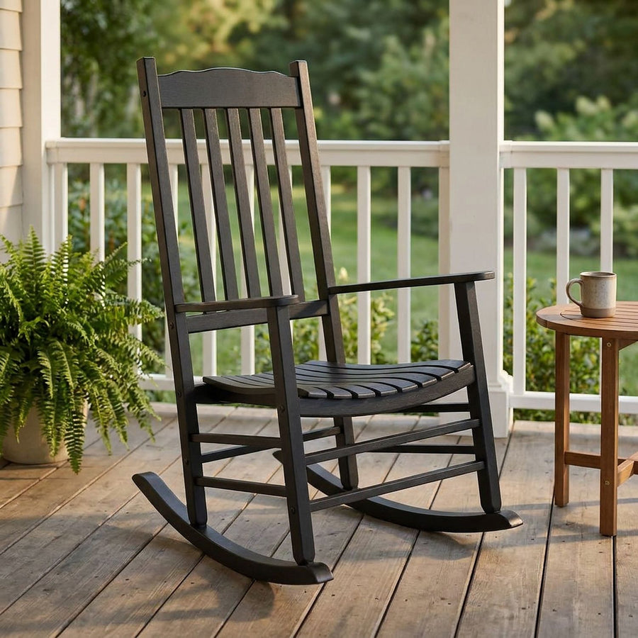 Black Wooden Rocking Chair, Slat Back With Wide Armrests