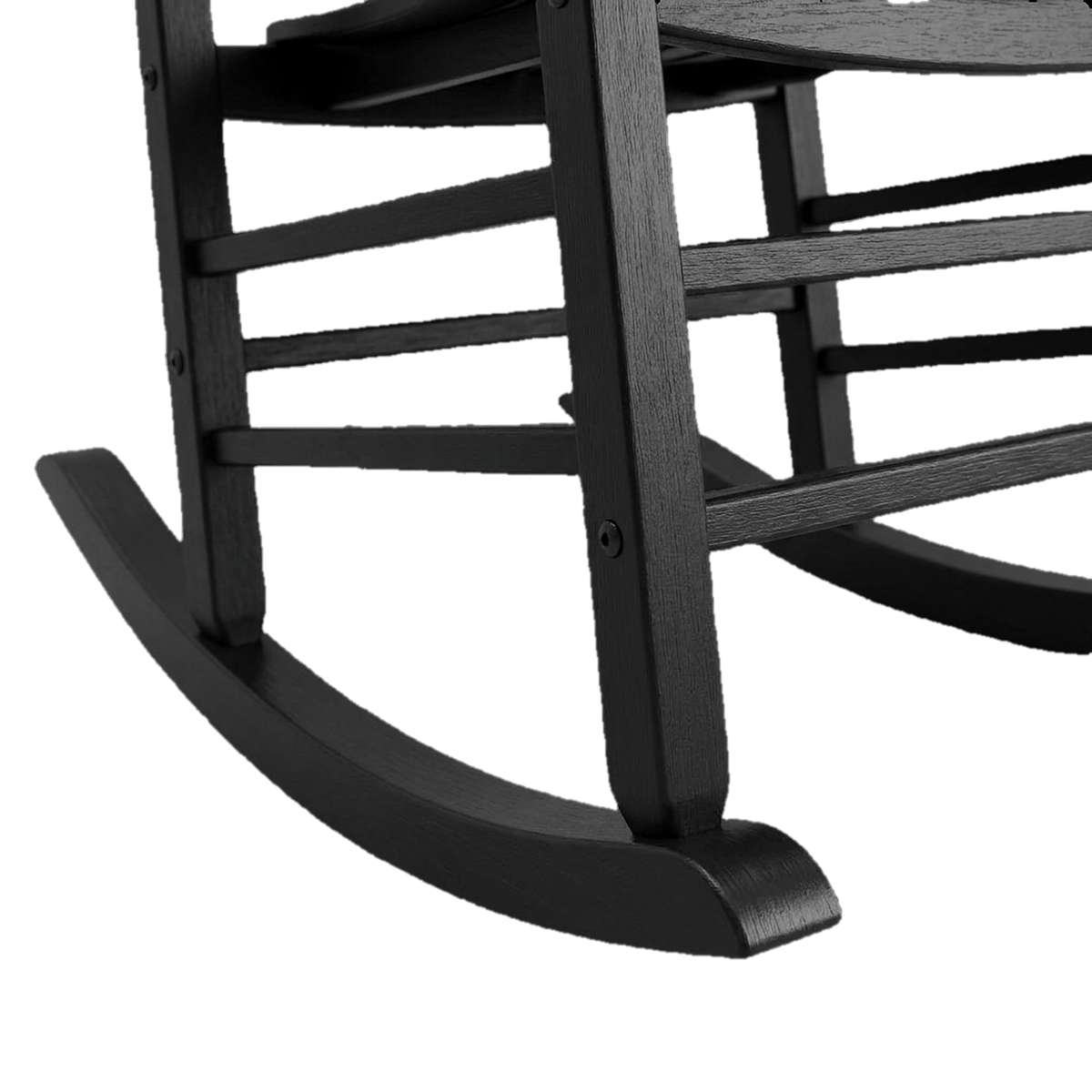Black wooden rocking chair curved rocker and post foot (close-up detail)