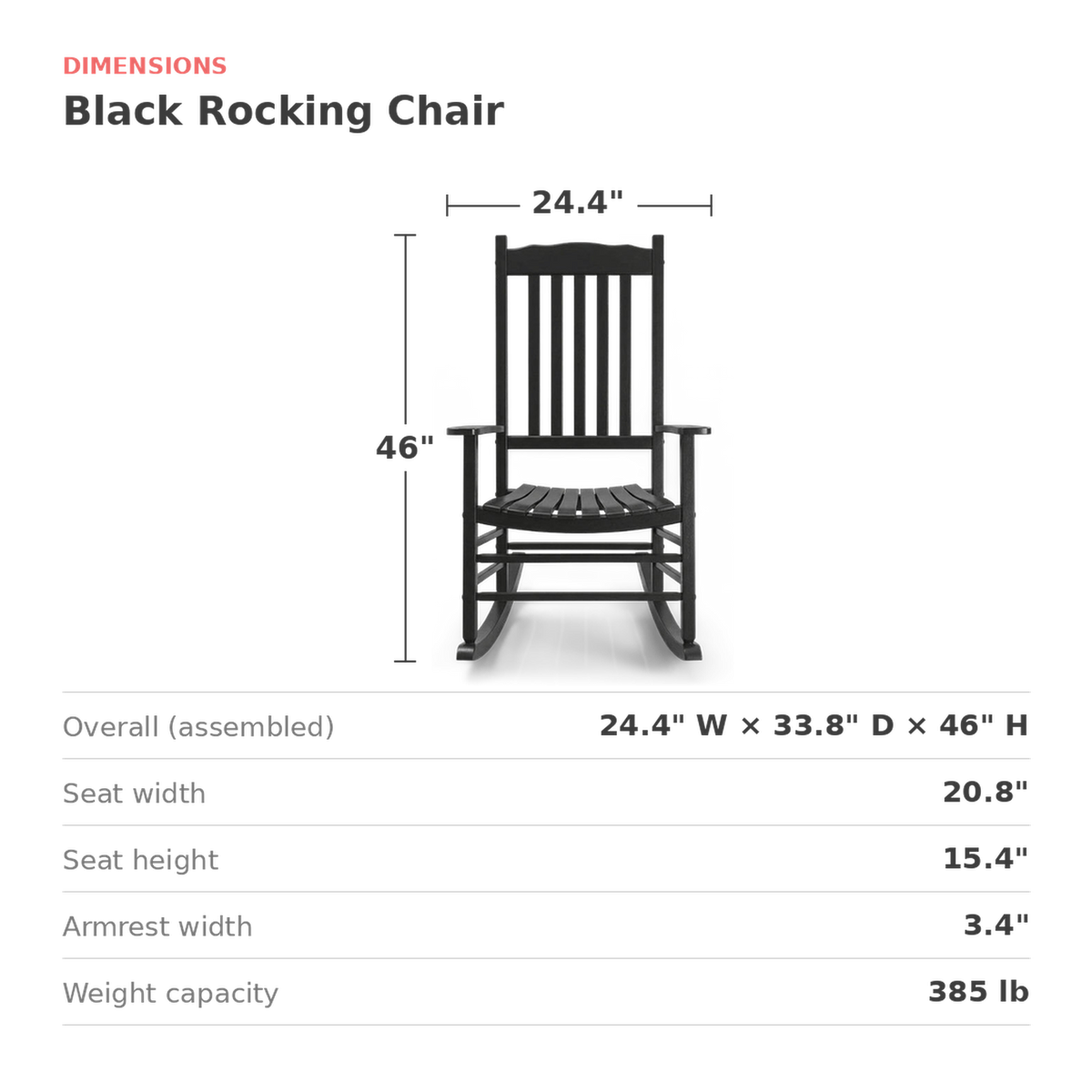 Dimensions of the black wooden rocking chair: 24.4 in. wide, 33.8 in. deep, 46 in. high (dimensions)