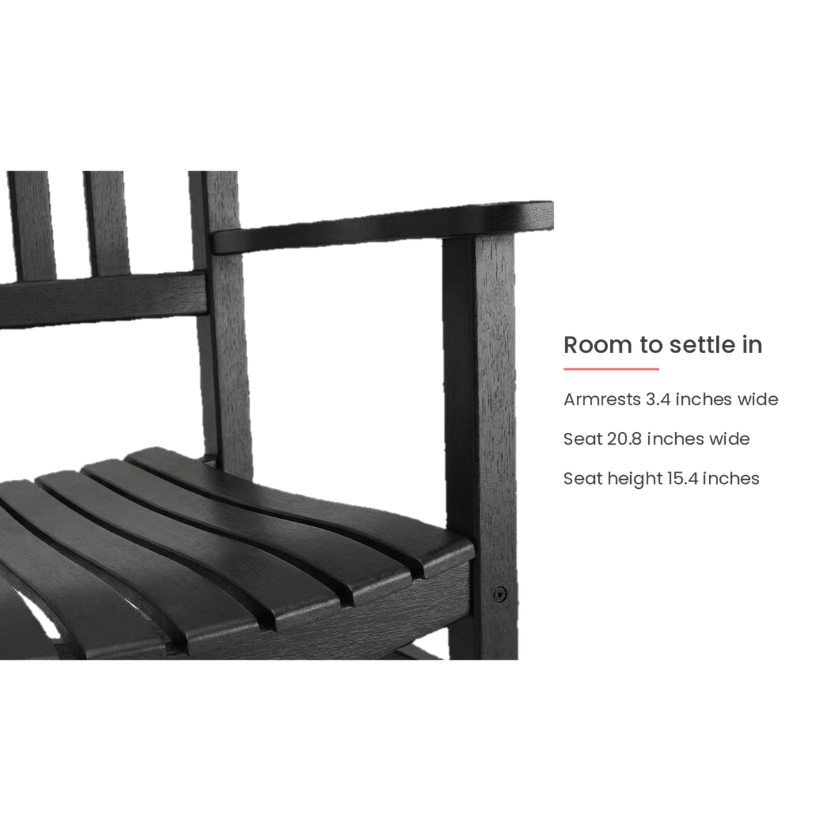 Black rocking chair armrest and seat sizes: armrests 3.4 in. wide, seat 20.8 in. wide, 15.4 in. high (feature callout)