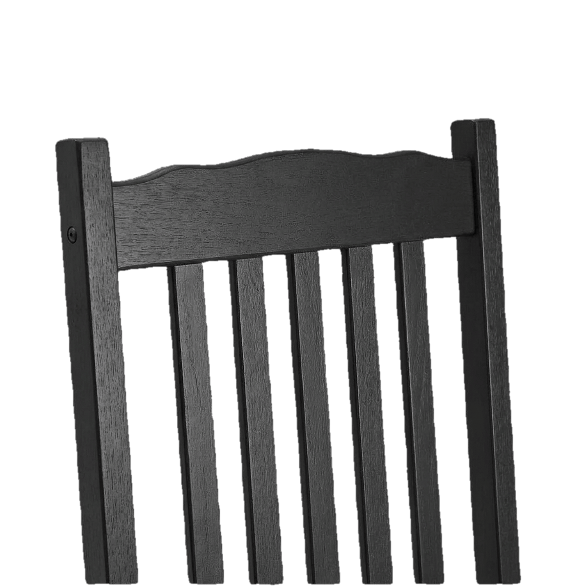 Black wooden rocking chair scalloped top rail and slat tops (close-up detail)