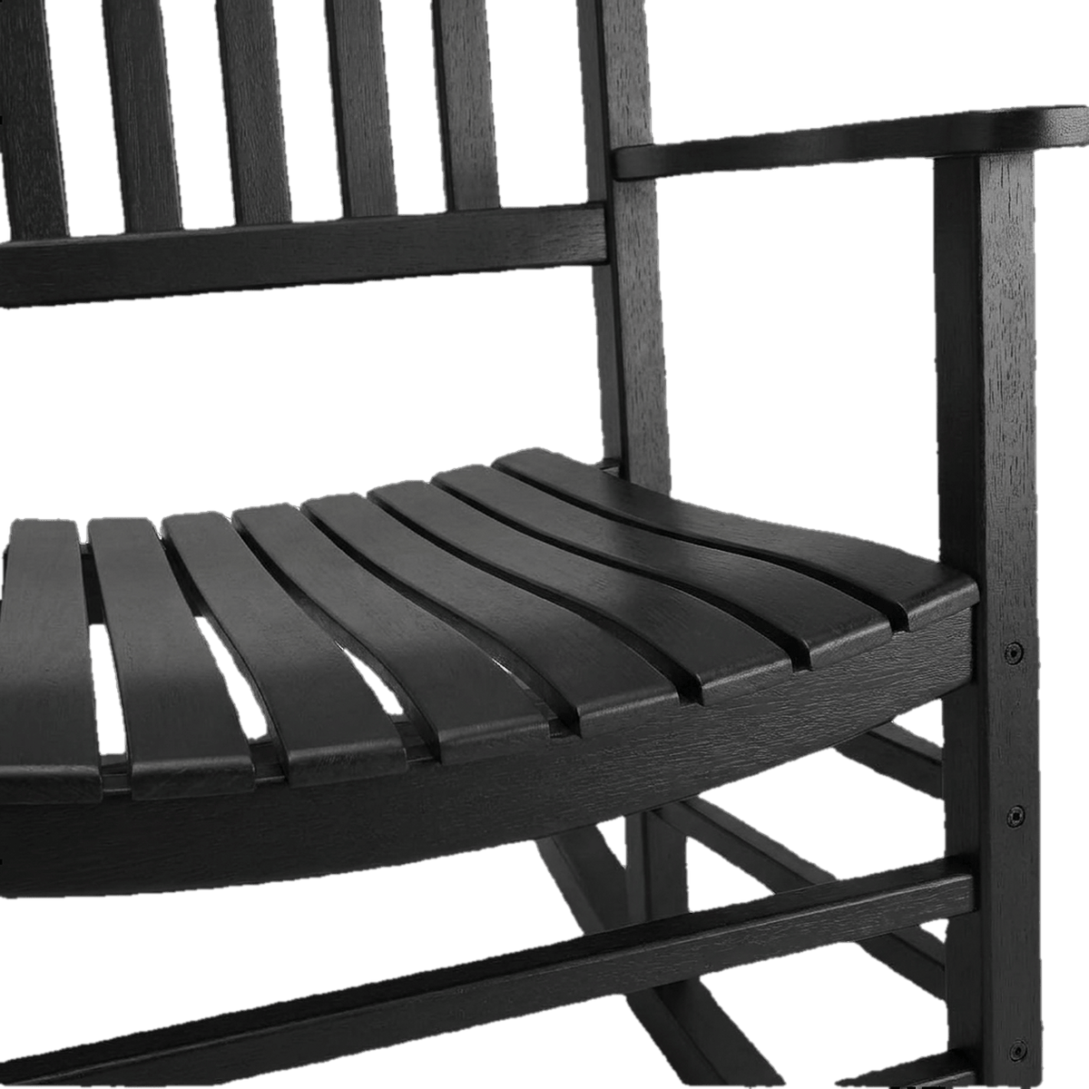 Black wooden rocking chair contoured slat seat (close-up detail)