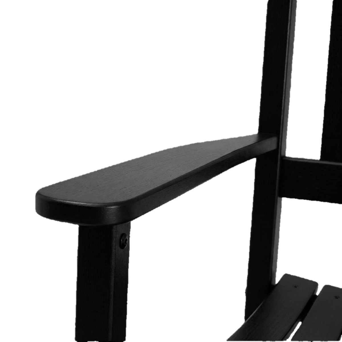Black wooden rocking chair wide flat armrest (close-up detail)