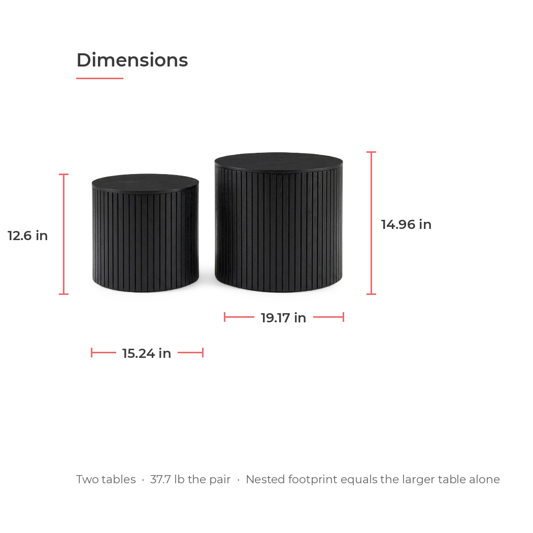 Black round nesting tables dimensions - larger 19.17 inch wide and 14.96 inch tall, smaller 15.24 inch wide and 12.6 inch tall (dimensions)