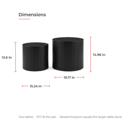 Black round nesting tables dimensions - larger 19.17 inch wide and 14.96 inch tall, smaller 15.24 inch wide and 12.6 inch tall (dimensions)