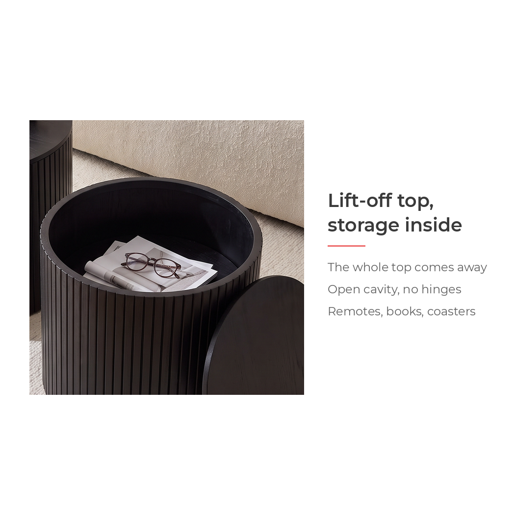 Lift-off top with open storage inside the nesting table (feature callout)