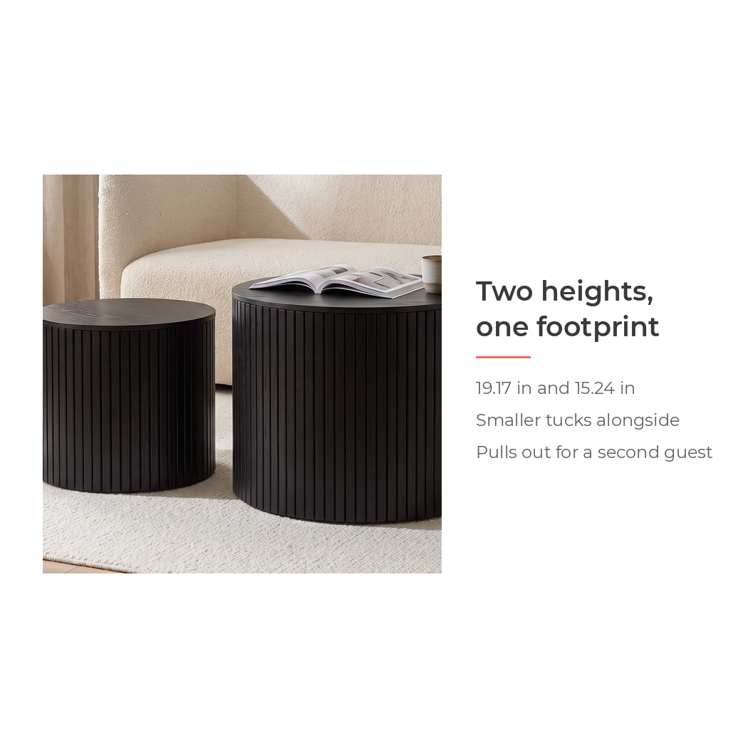 Two heights one footprint - 19.17 inch and 15.24 inch nesting tables (feature callout)