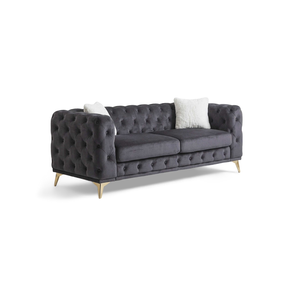 Tufted 3 seater sofa in black velvet, angled view on a transparent background (plain studio)
