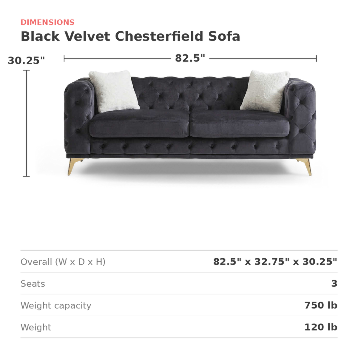Dimensions card: 82.5 in. wide, 32.75 in. deep, 30.25 in. high, seats three (dimensions)