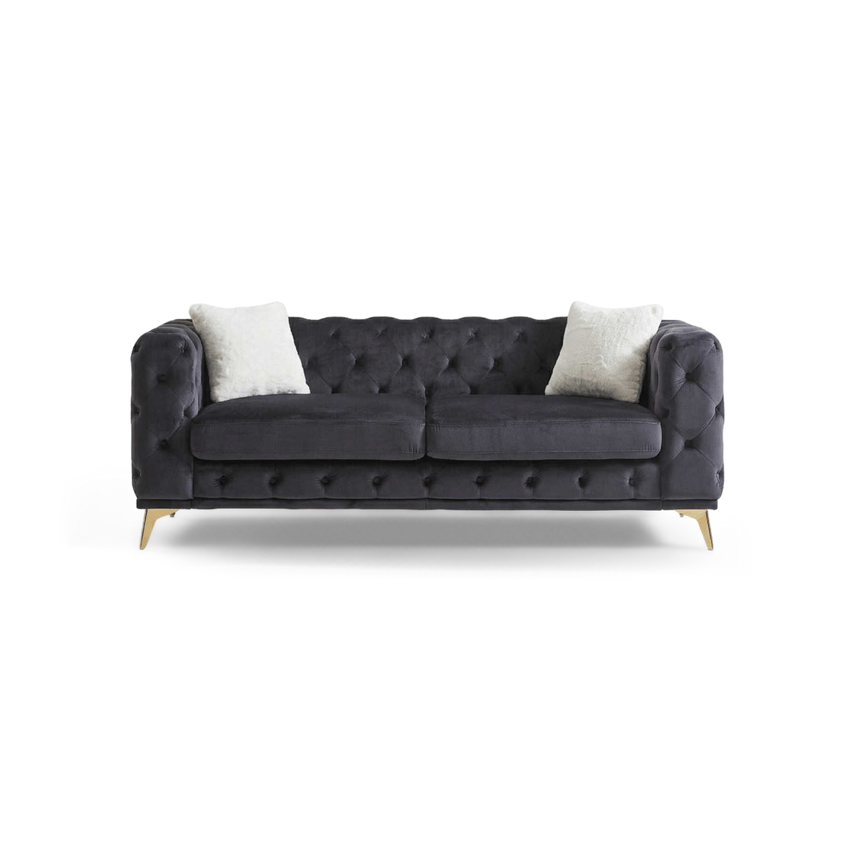 Black chesterfield sofa, straight front view on a transparent background (plain studio)