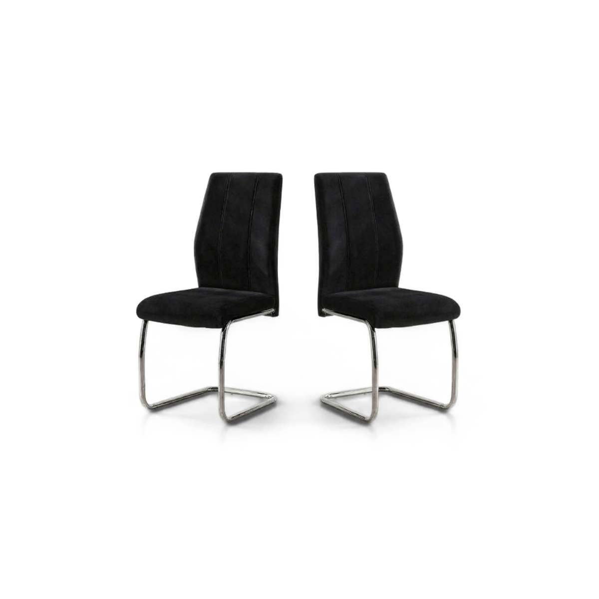Black velvet dining chairs set of 2 with a chrome cantilever base on a plain #f3f3f3 studio ground