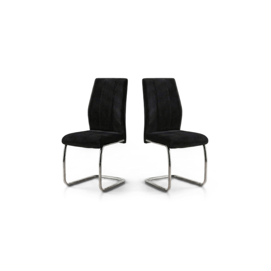Black velvet dining chairs set of 2 with a chrome cantilever base on a plain #f3f3f3 studio ground