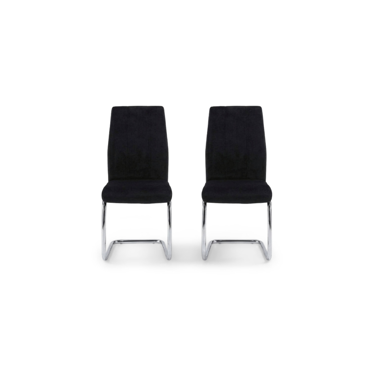 Velvet dining chair pair with channel-stitched backs turned at an angle on a plain #f3f3f3 studio ground