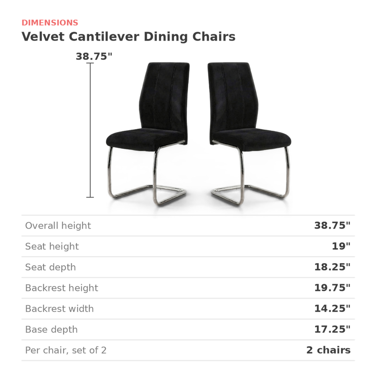 Dimensions card for the velvet dining chair with width, depth and height