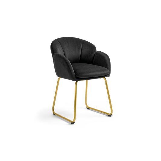 Black velvet flower armchair with gold sled legs, three-quarter view (plain studio)