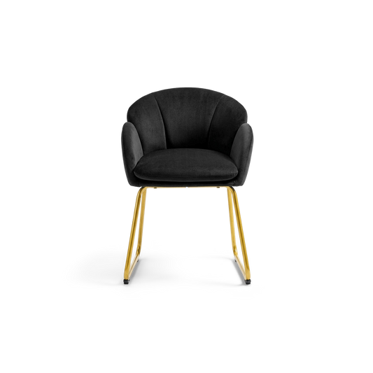 Black velvet flower armchair with gold sled legs, front view (plain studio)
