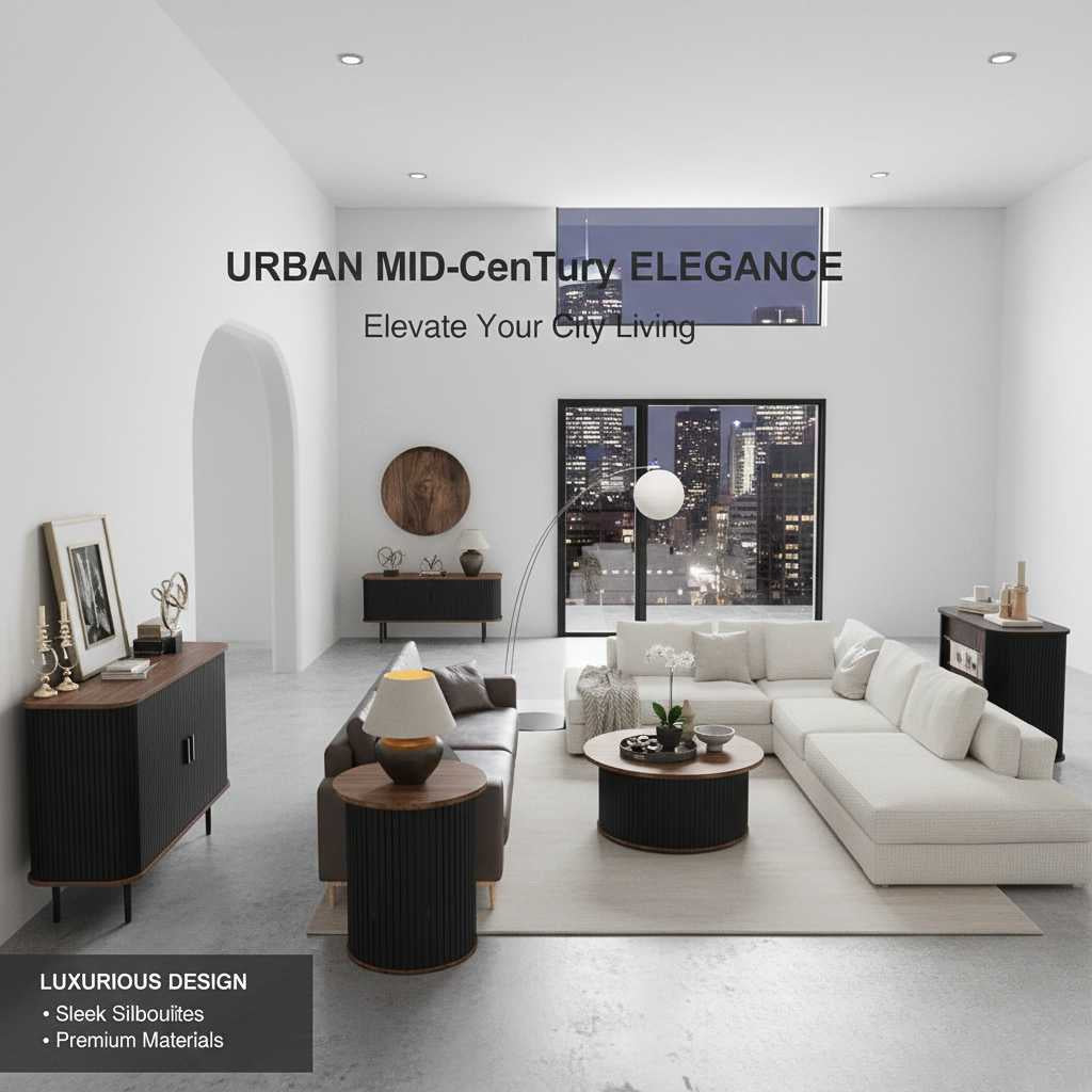 47-inch black TV stand with sliding doors and storage in a luxurious mid-century living room.