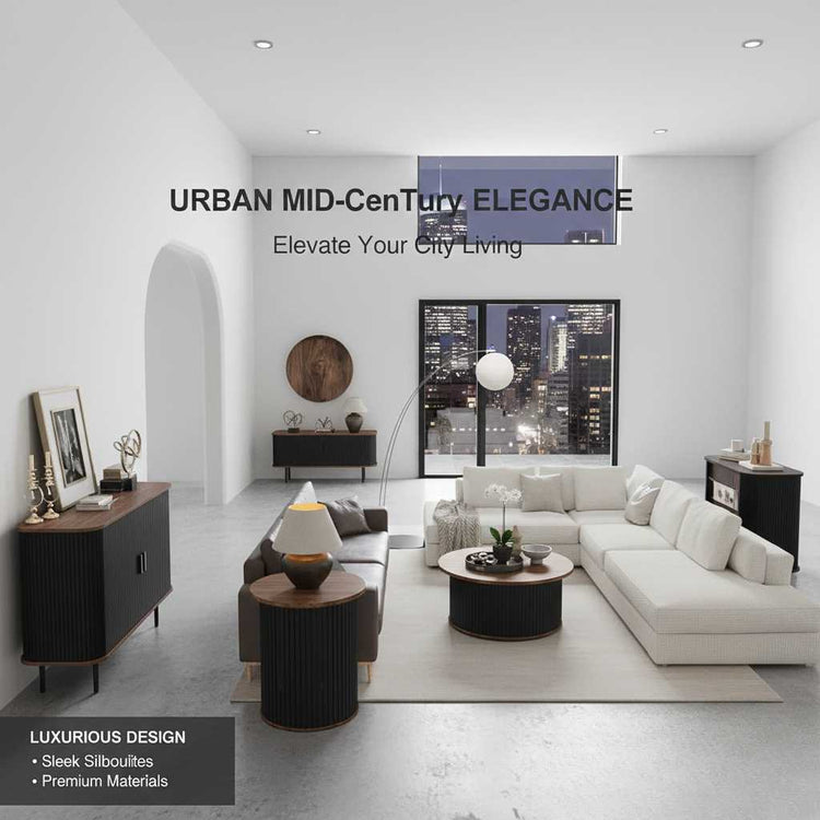 47-inch black TV stand with sliding doors and storage in a luxurious mid-century living room.