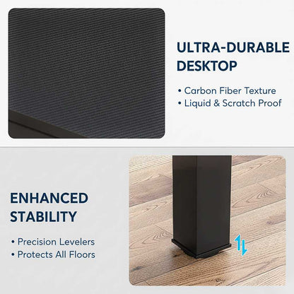 78-inch black rectangle dining table for six to eight with a solid pedestal base and floor-protecting level (feature callout)