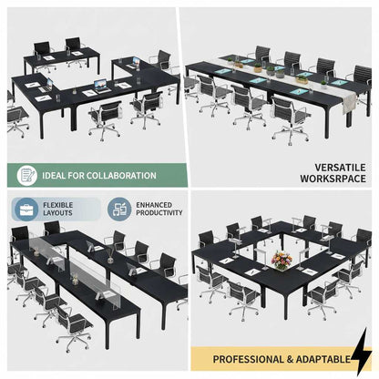 78-inch black rectangular dining table seating 6–8, shown in versatile collaboration layouts (feature callout)