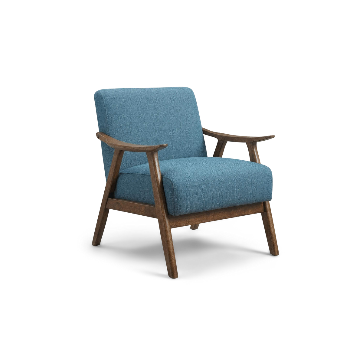 Blue linen accent chair with walnut wood frame, angled three-quarter view (plain studio)