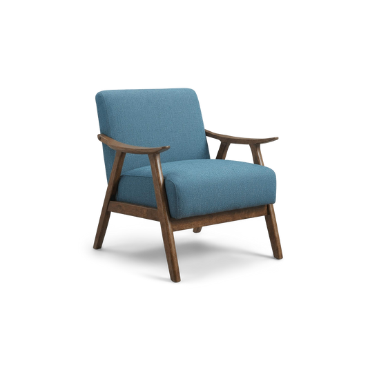 Blue linen accent chair with walnut wood frame, angled three-quarter view (plain studio)