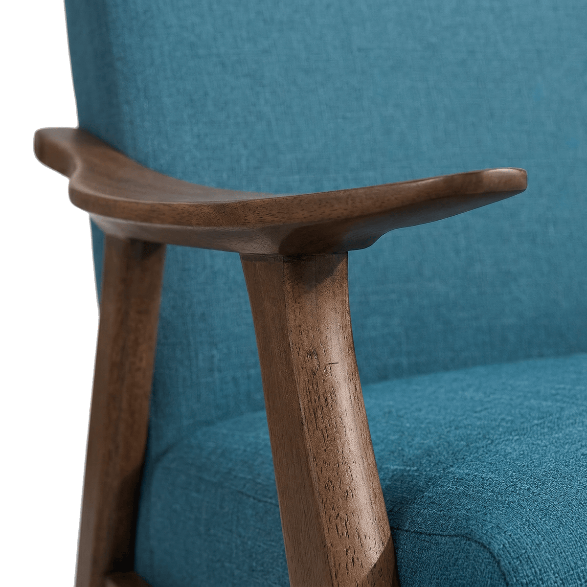 Flared walnut wood armrest of the blue accent chair (close-up detail)