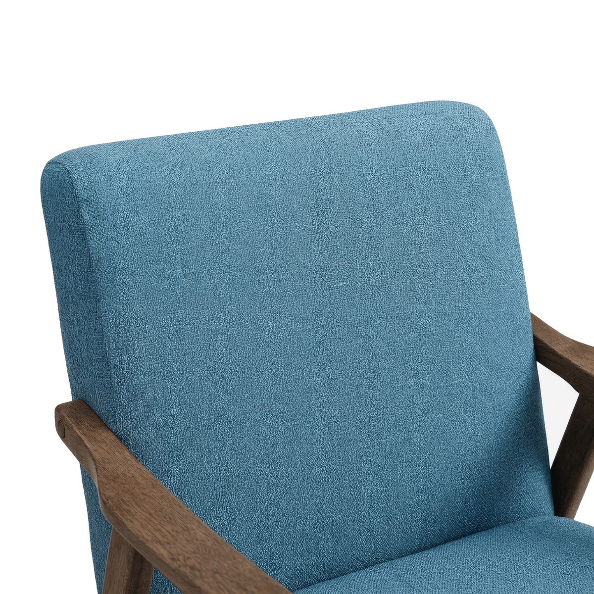 Padded blue linen backrest of the accent chair (close-up detail)