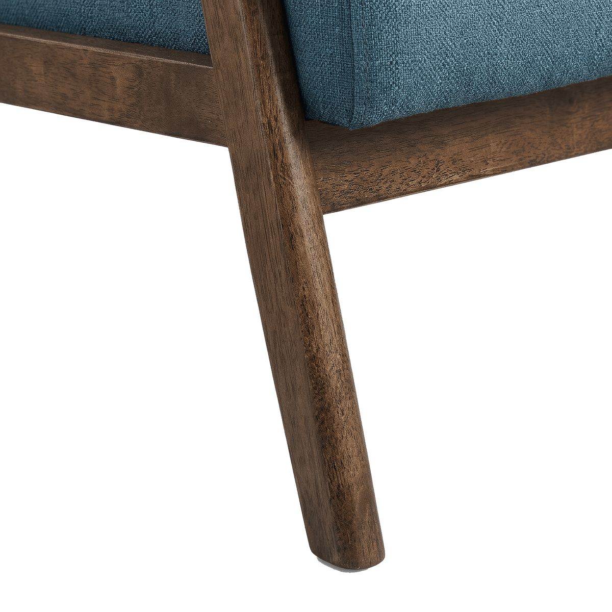 Splayed walnut wood leg of the blue accent chair (close-up detail)