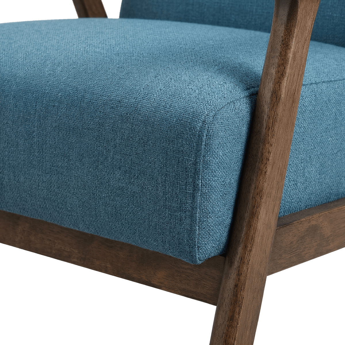 Deep padded blue linen seat of the accent chair (close-up detail)