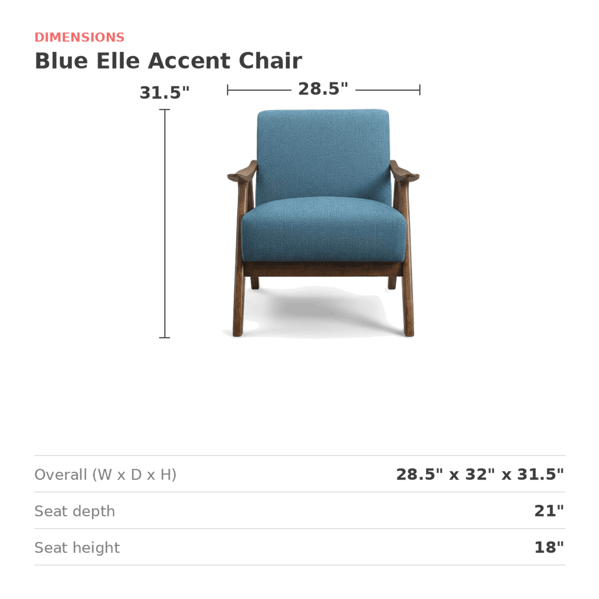 Blue linen accent chair size: 28.5 in W x 32 in D x 31.5 in H (dimensions)