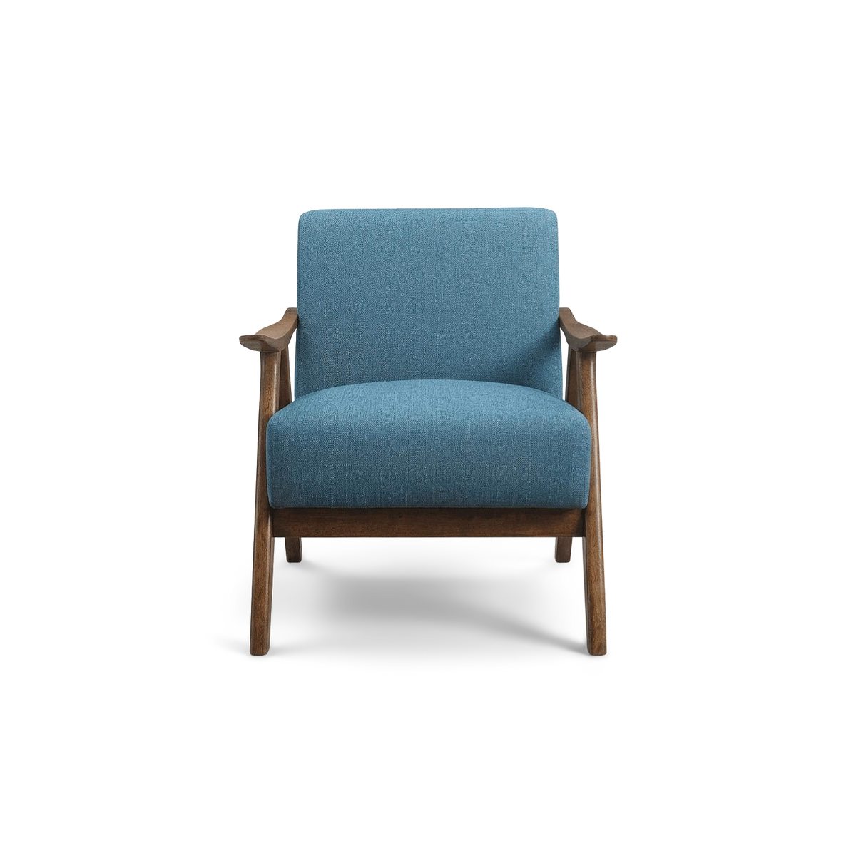 Blue linen accent chair with walnut wood frame, front view (plain studio)