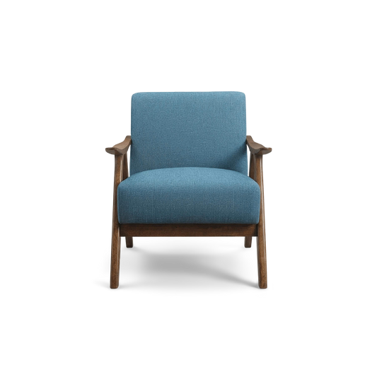 Blue linen accent chair with walnut wood frame, front view (plain studio)