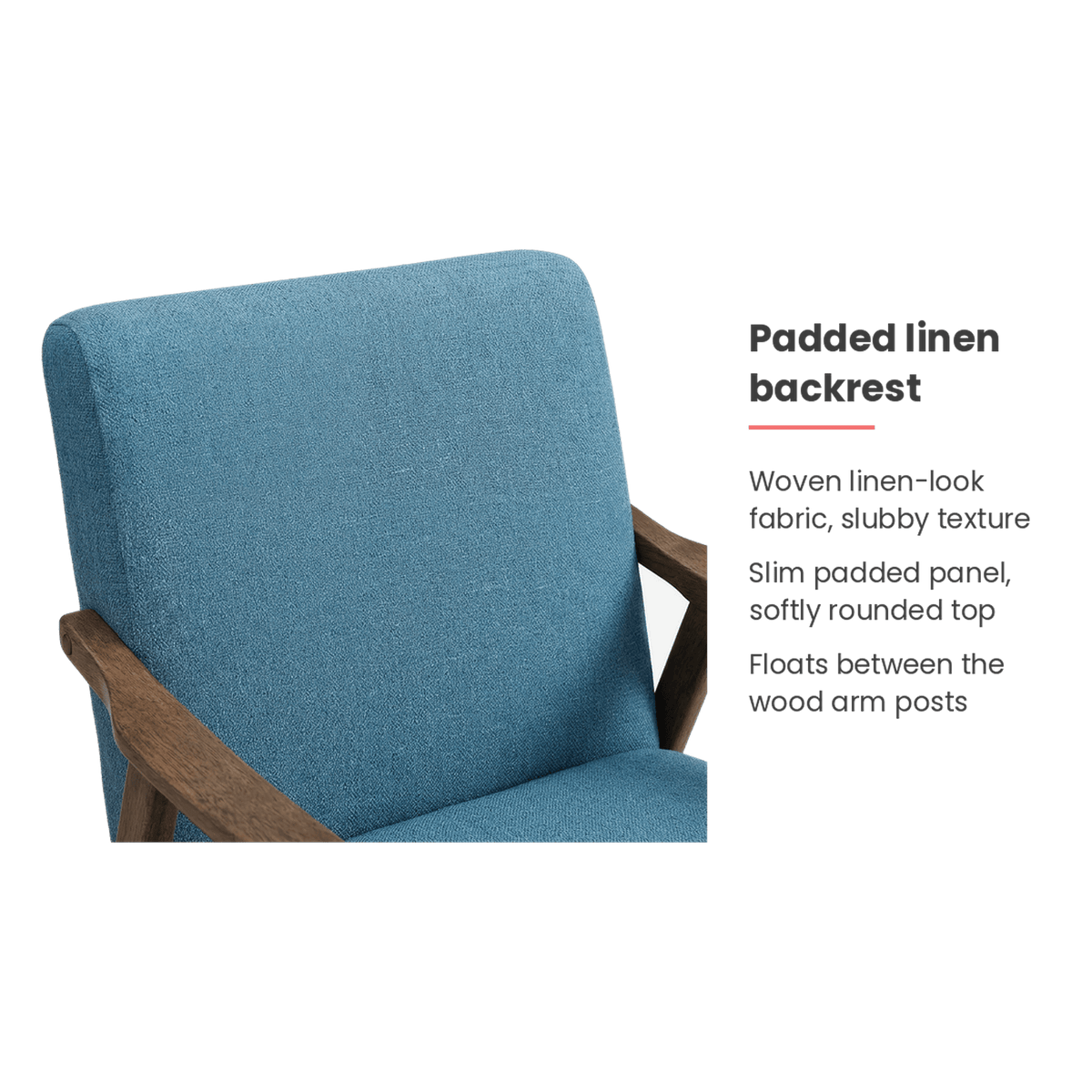 Padded linen backrest of the blue accent chair (feature callout)