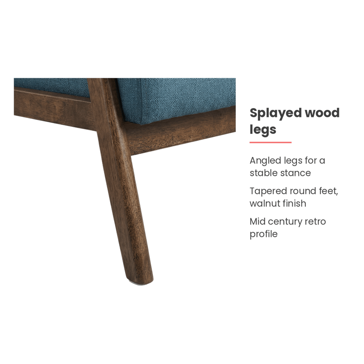 Splayed wood legs of the blue accent chair (feature callout)