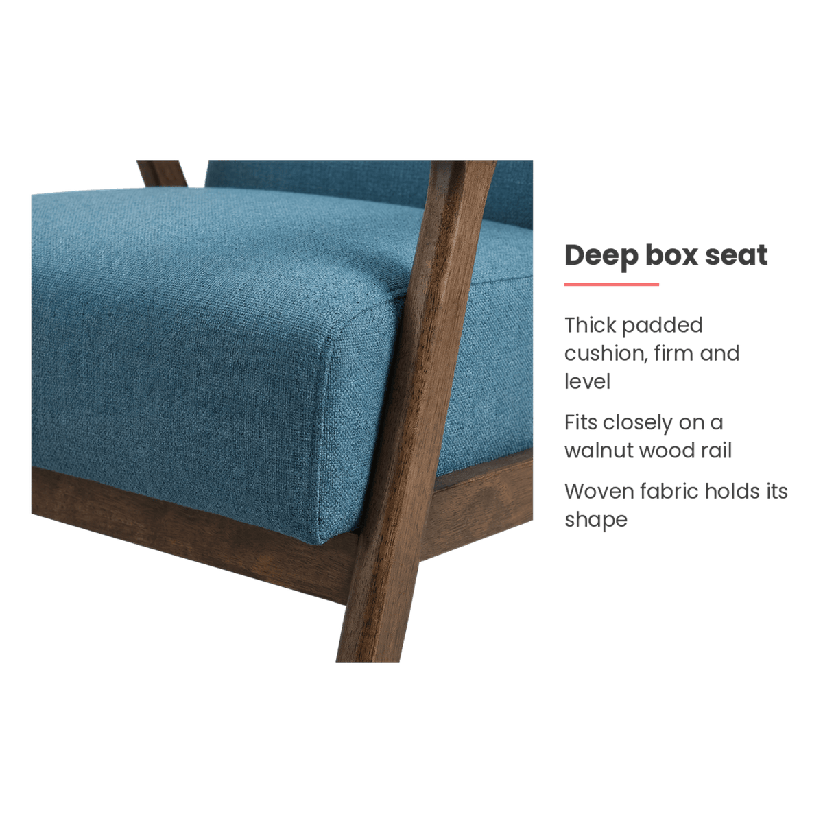 Deep box seat of the blue accent chair (feature callout)