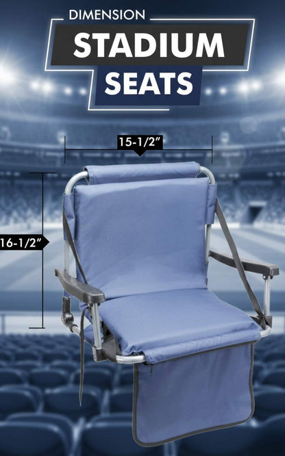 Blue Barton Outdoors stadium chair with back, 600D polyester, padded seat, armrests, and carry strap (feature callout)