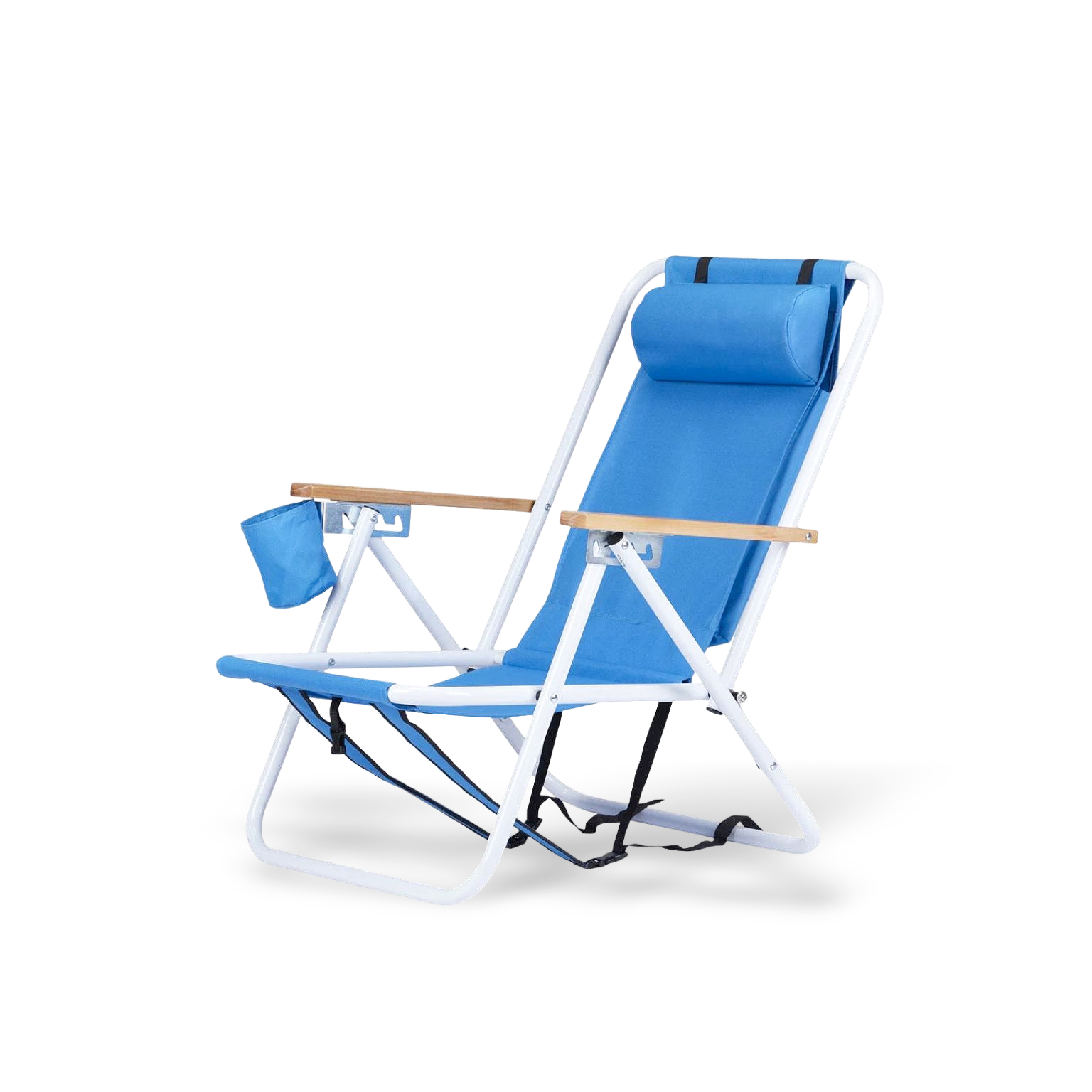 Premium blue portable beach chair with natural wooden armrests, a white rust-resistant frame, and an adjustable headrest pillow for neck support.