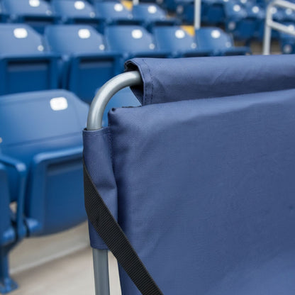Portable blue stadium seating cushion with a folding backrest; rugged 600D polyester construction ideal for game days and outdoor bleachers (close-up detail)
