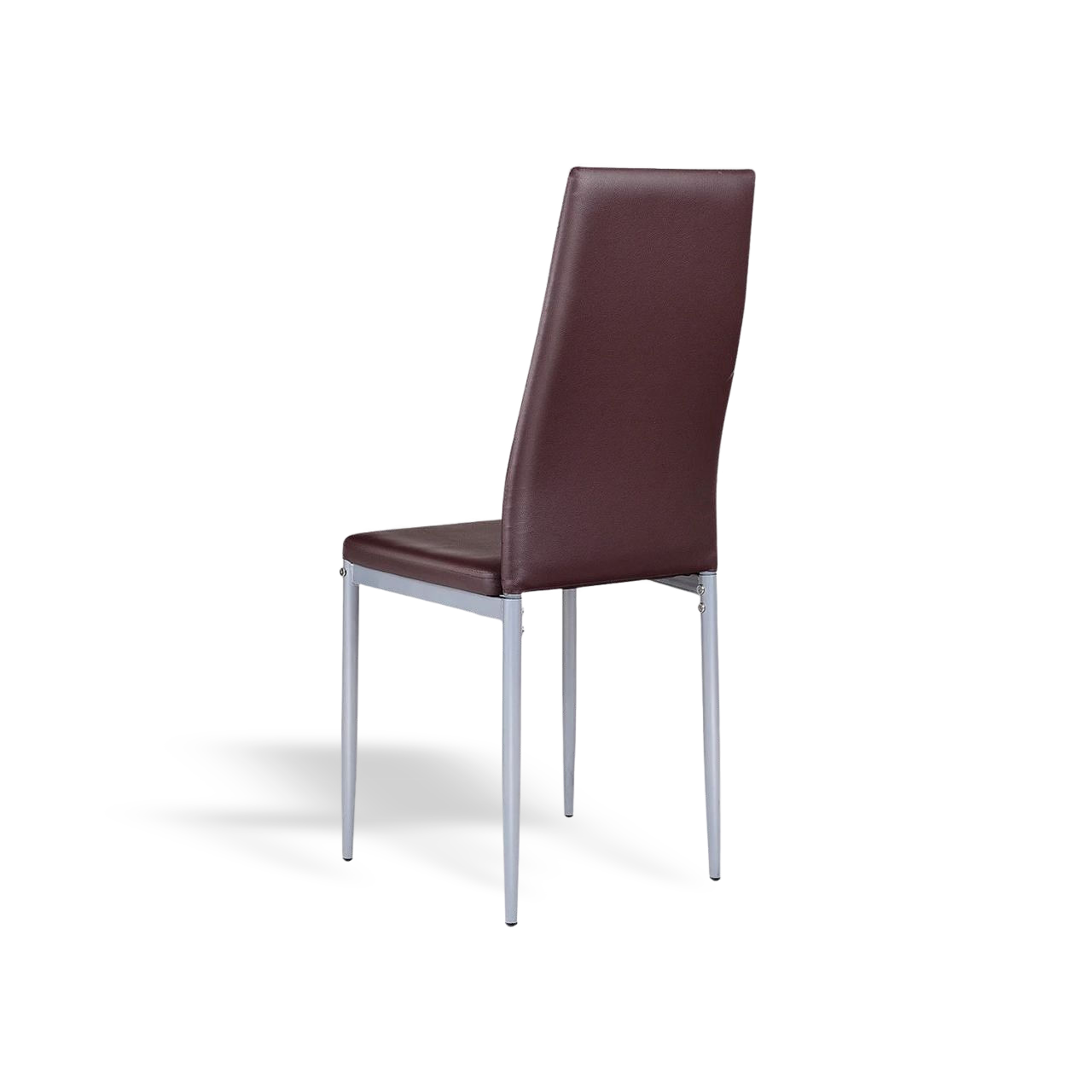 Modern high-back dining chair in brown PVC with silver metal legs.