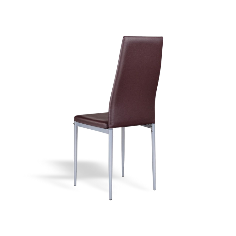 Modern high-back dining chair in brown PVC with silver metal legs.