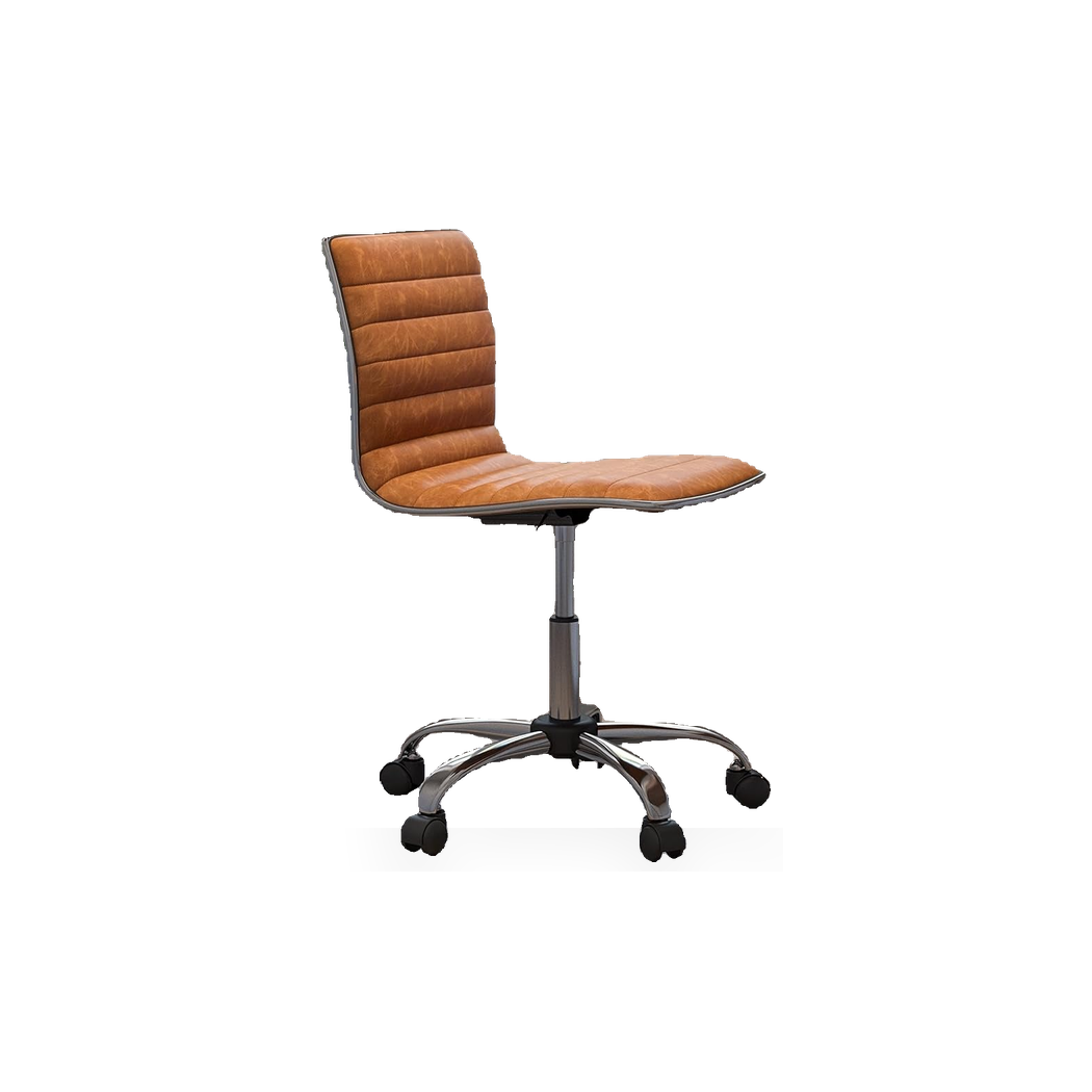Brown vinyl task chair with chrome frame on a #f3f3f3 studio background